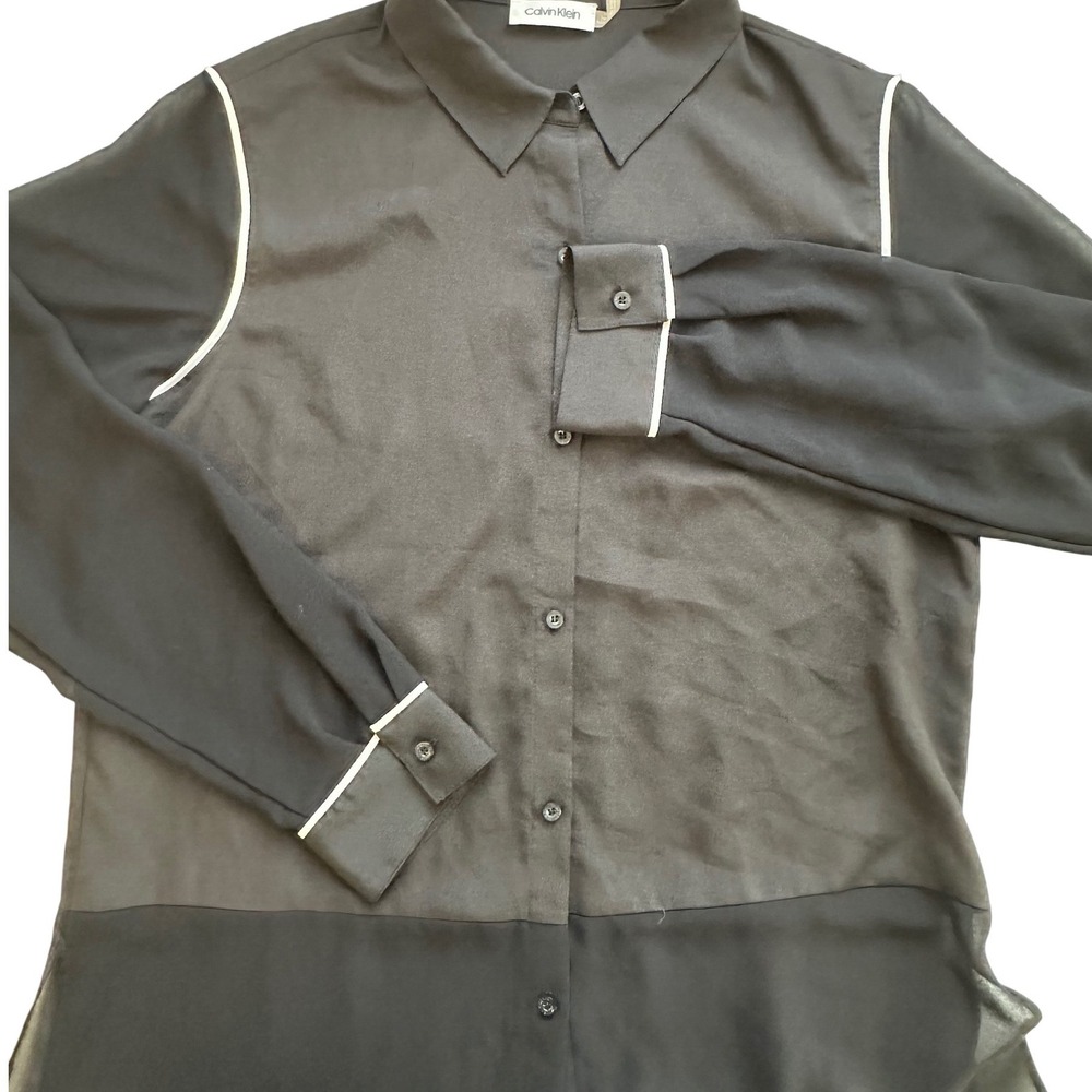 Calvin Klein Blouse Womens L Black Sheer Chiffon Button Up Minimalist Workwear - Picture 5 of 8